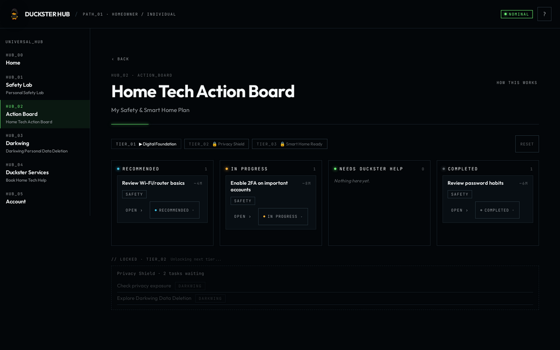 Duckster Hub Action Board Kanban Checklist Screenshot