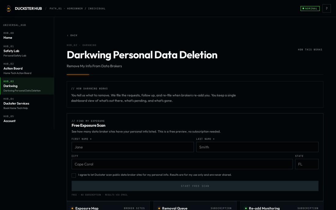 Duckster Hub Darkwing Sentinel Broker Dashboard Screenshot