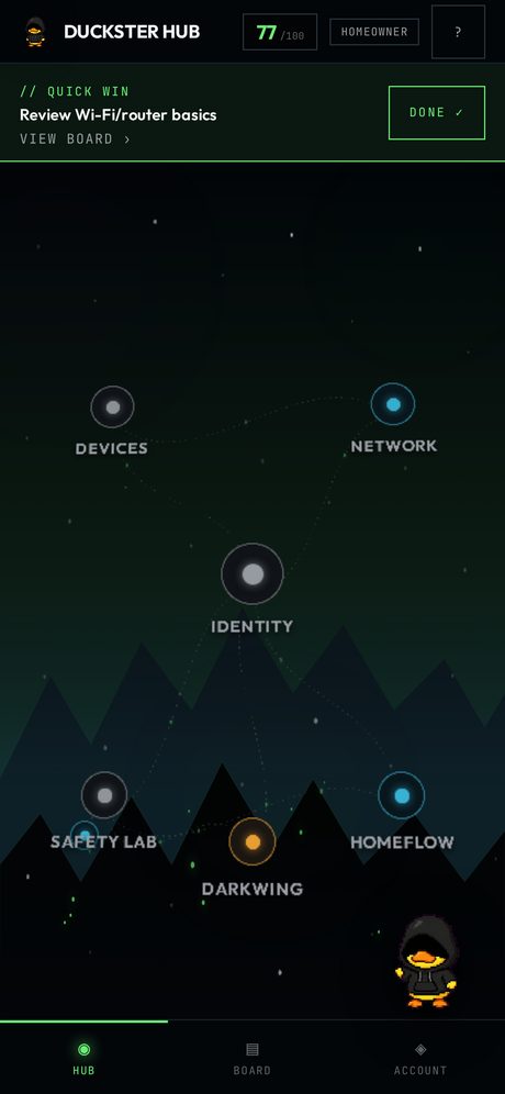 Duckster Hub mobile dashboard showing the interactive security neural map with a 77/100 health score